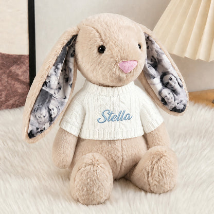 Custom Ears & Sweater Custom Photo Bunny Plush with Personalized Name Embroidery Cute Anniversary Gifts