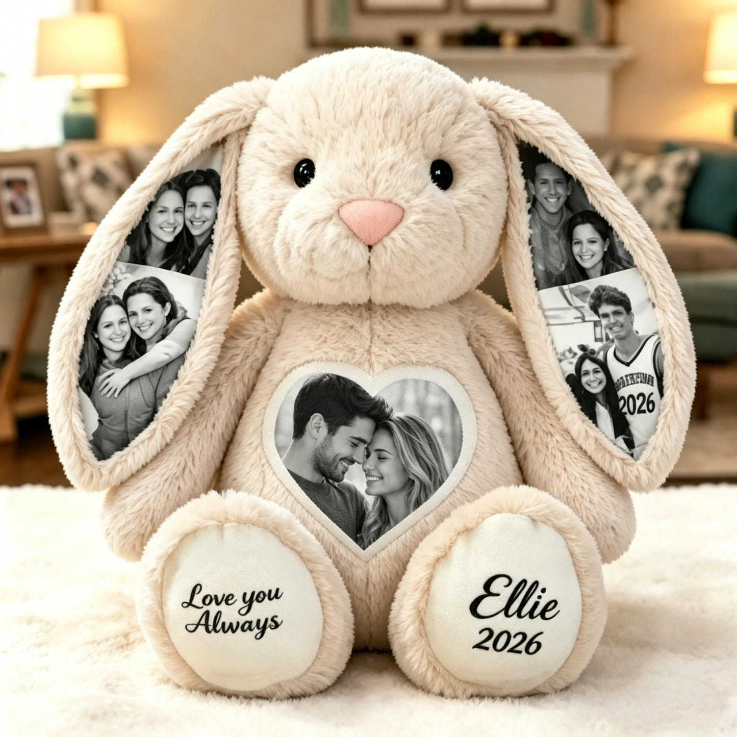 Custom Black & White Heart Photo Bunny Plush – Personalized Hidden Ear Picture Bunny Custom Text Anniversary Gift for Couples