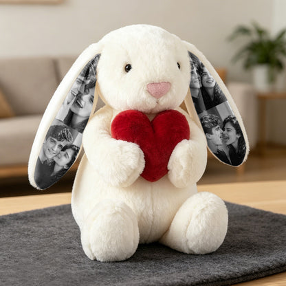 Custom Photo Red Love Heart Bunny Plush Personalized Hidden Ear Picture Bunny Gift for Couples Anniversary Gifts