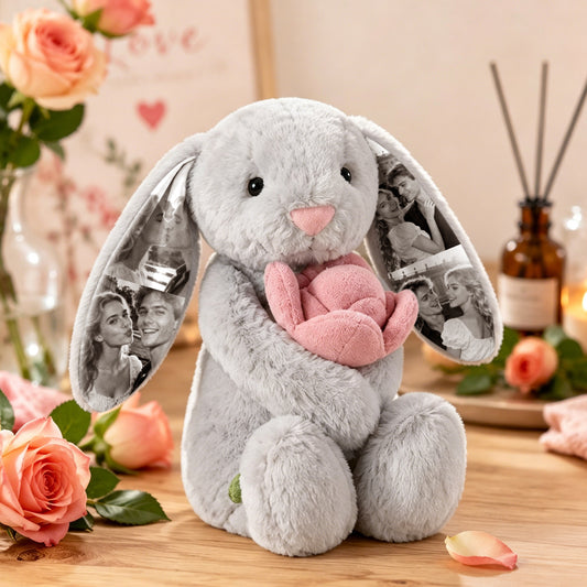 Custom Photo Pink Rose Bunny Plush Personalized Hidden Ear Picture Bunny Gift for Couples Anniversary Gifts