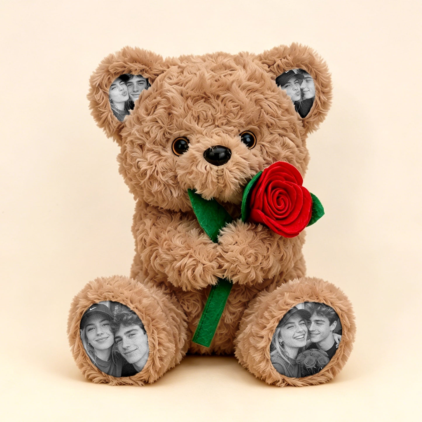Custom Photo Teddy Bear with Rose Personalized Plush Bear with Pictures on Ears & Feet, Romantic Gift for Anniversary