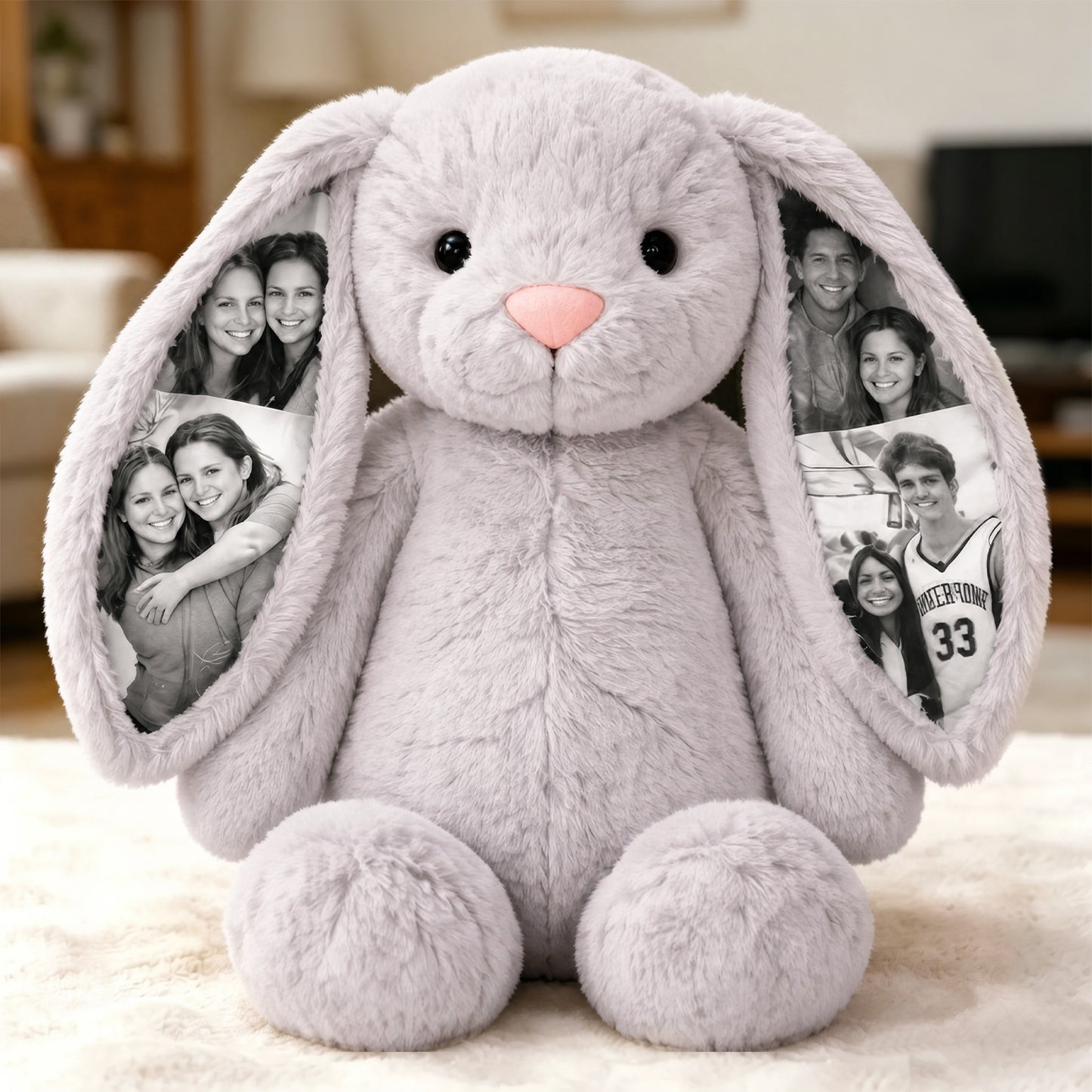 Custom Photo Bunny Plush Personalized Hidden Ear Picture Gift for Couples Anniversary Mother's Day Gifts