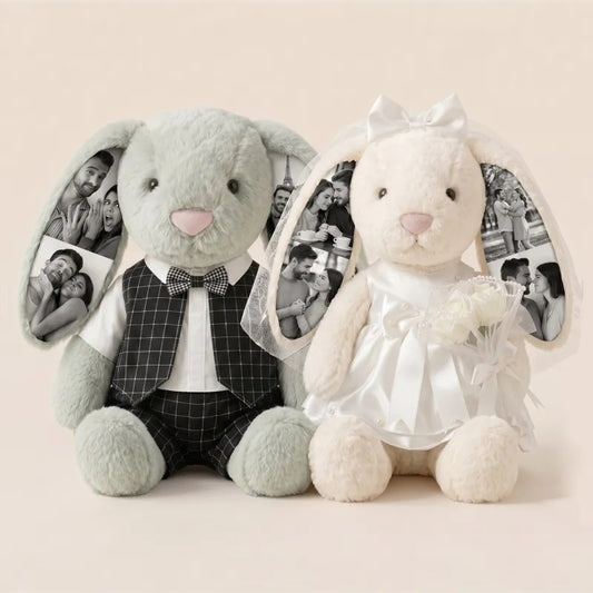 Custom Photo 40cm Wedding Bunny Plush – Personalized Bride & Groom Bunny Stuffed Animal, Anniversary Wedding Gift for Couples