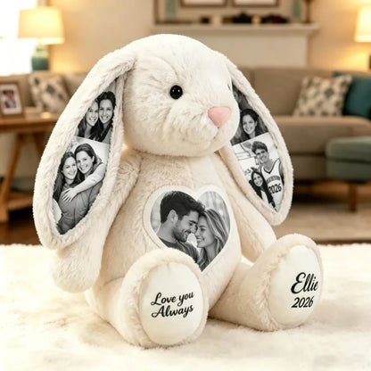 Custom Black & White Heart Photo Bunny Plush – Personalized Hidden Ear Picture Bunny Custom Text Anniversary Gift for Couples