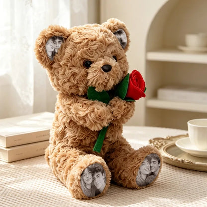 Custom Photo Teddy Bear with Rose Personalized Plush Bear with Pictures on Ears & Feet, Romantic Gift for Anniversary
